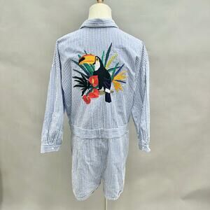 Zara Blue Striped Jumpsuit with Toucan Embroidery
